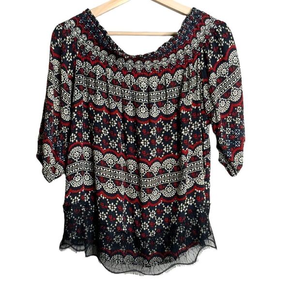 KNOX ROSE 100% Rayon Floral Off Shoulder Boho Top with Lace Trim at Hem Sz S - Picture 3 of 9